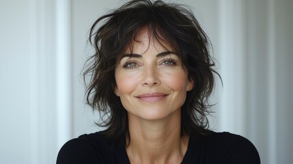 Natural beauty portrait of a woman with tousled hair and warm smile