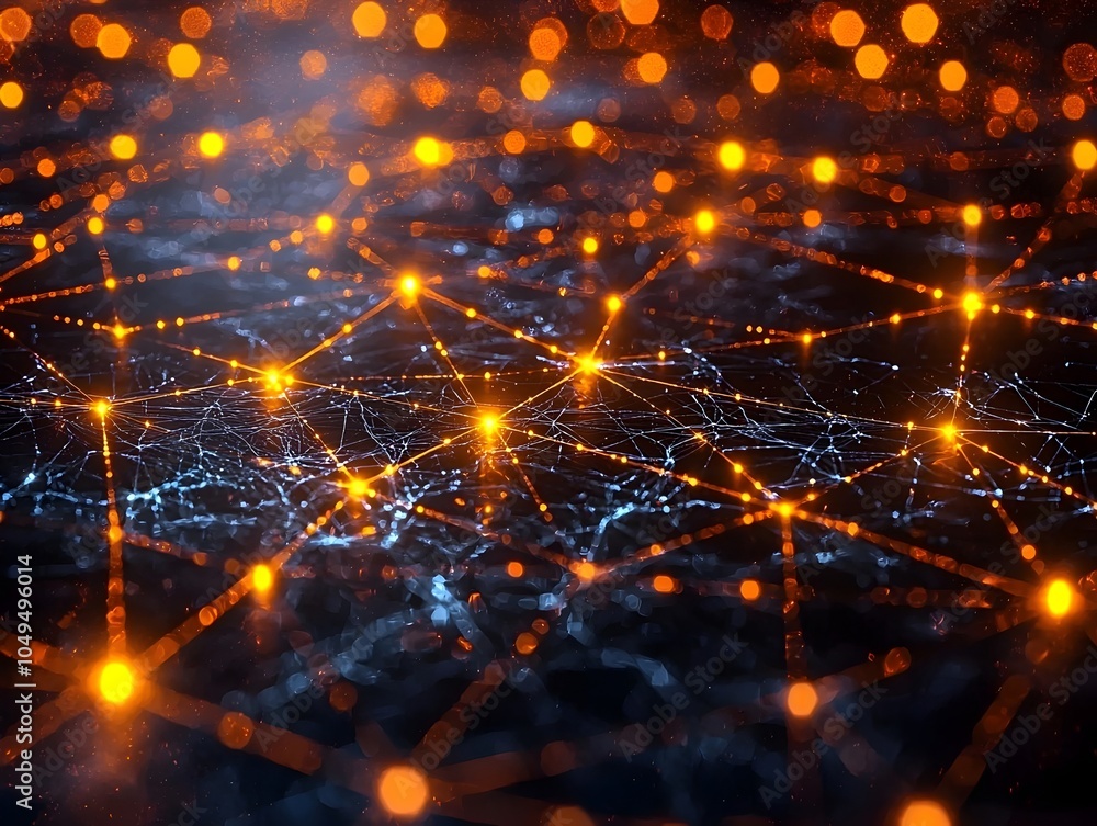 Poster an abstract digital network with glowing orange nodes interconnected by fine lines, creating a vibra