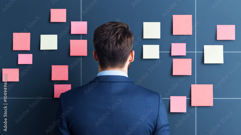Poster strategizing success: a businessman contemplates a wall covered in colorful sticky notes, representi