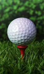 Fototapeta premium A white golf ball sits on a red tee, ready to be hit on a green golf course.