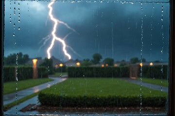 Lightning Storm Through Window with Rain and Blurred Backyard