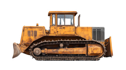 Heavy construction equipment including a yellow bulldozer and excavator isolated on white background