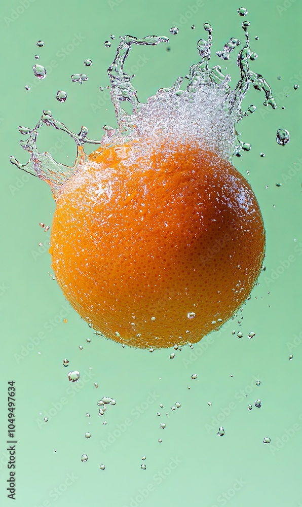 Poster a whole orange is shown falling into a pool of water and creating a splash.