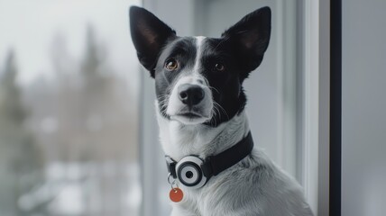 A dog with black and white fur looking out a window, wearing a collar with a circular tag, surrounded by a soft, muted background.