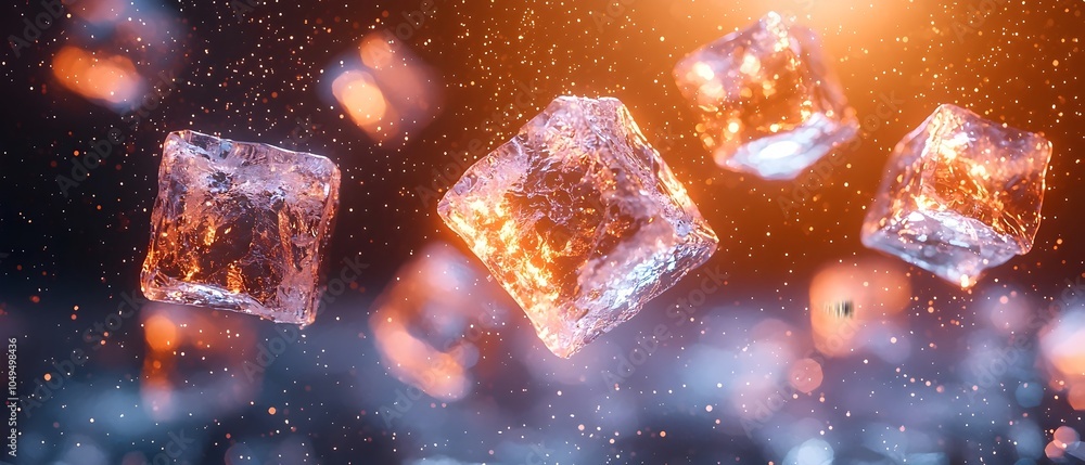 Poster frozen ice cubes shimmering in the air, illuminated by a warm orange glow, creating a magical and dy