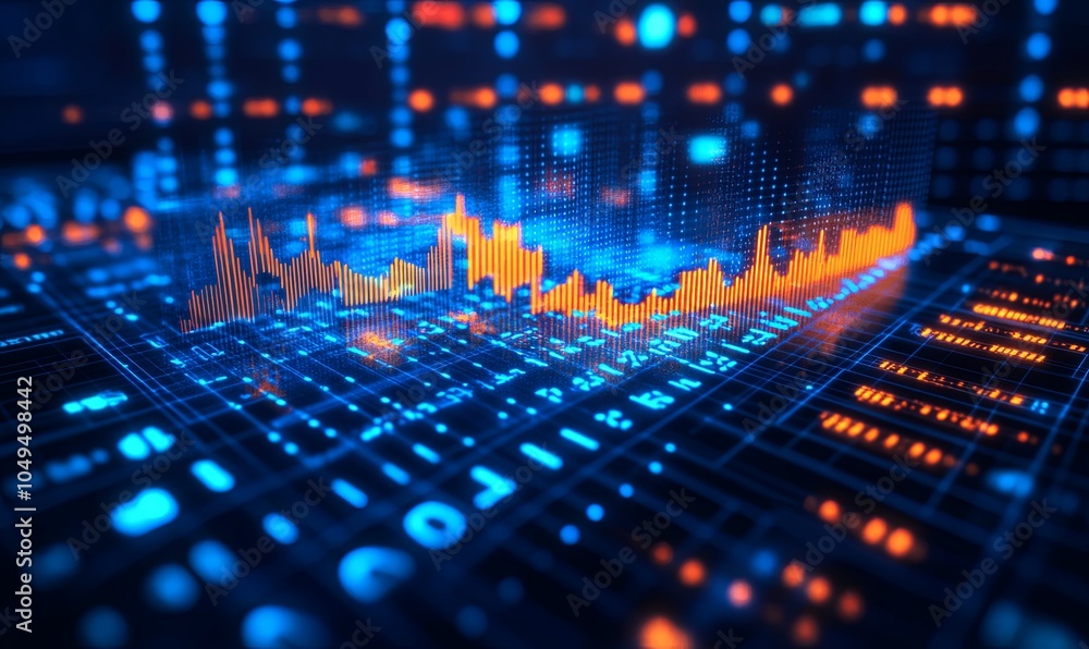 Poster abstract digital background with glowing lines and data visualization.