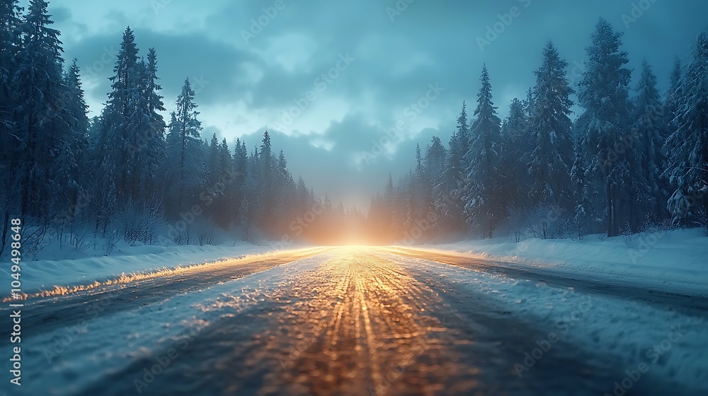 Aufkleber a serene winter road illuminated by a soft glow amidst snow-covered trees creating a mystical atmosp
