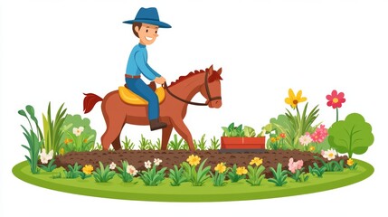 Fototapeta premium Cartoon Cowboy Riding Horse Through Garden Landscape