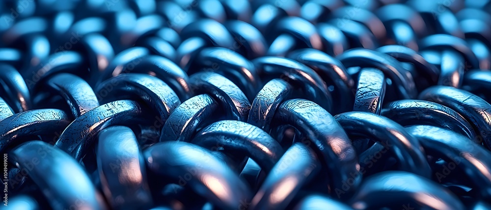 Aufkleber close-up of interlinked metallic chains showcasing a brilliant blue hue, creating a strong and indus