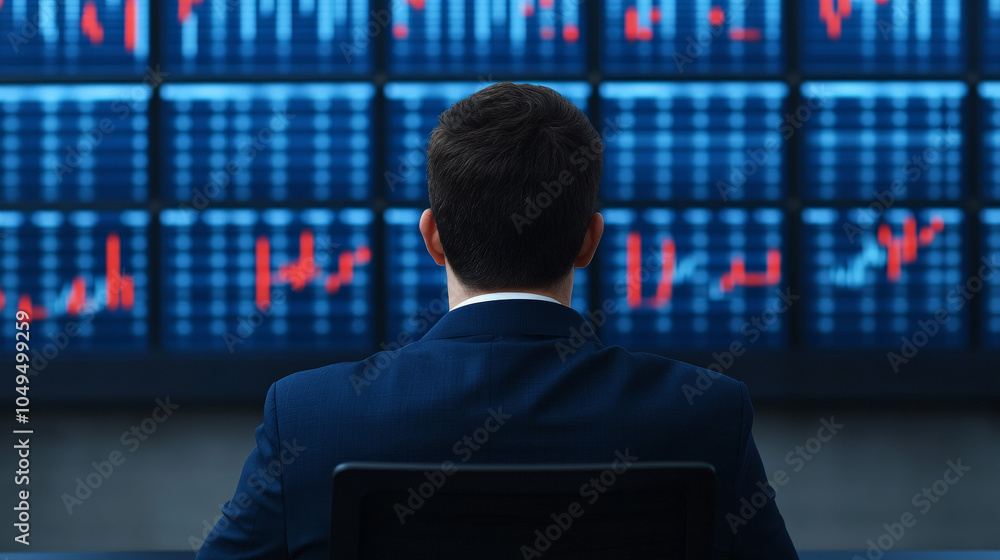 Poster market analyst reviewing data: a businessman sits before a wall of monitors displaying dynamic stock