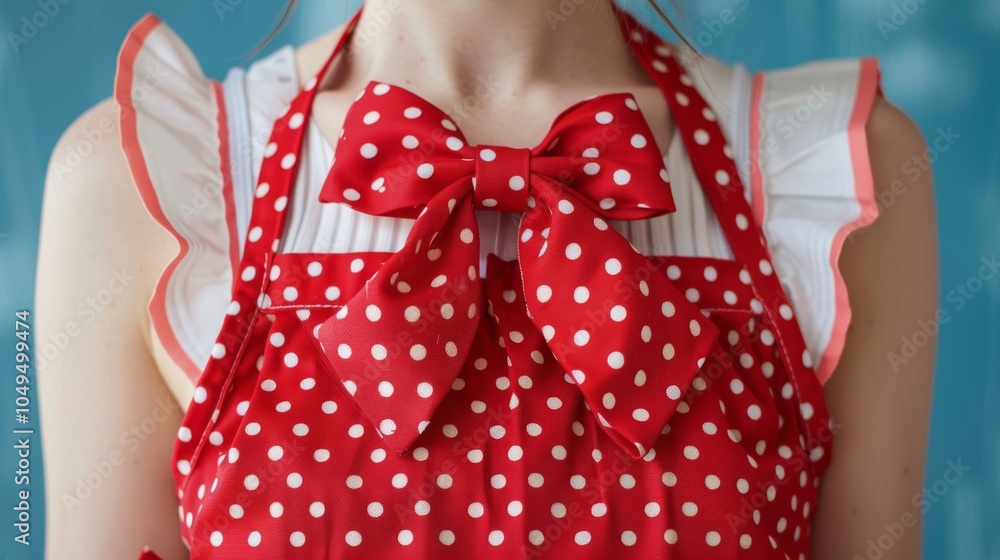 Poster a playful polka dot apron with frilly details and a flirty bow accent perfect for adding a touch of 