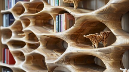 A bookshelf with shelves shaped like interlocking abstract coral reefs giving the appearance of a sunken piece of furniture.