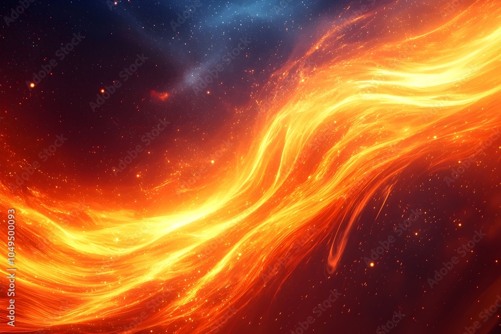 Poster a vibrant swirl of orange and yellow flames against a deep space backdrop, creating a dynamic and en