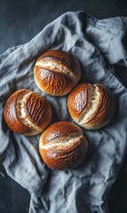 Obraz premium Four freshly baked bread rolls on a gray linen cloth.