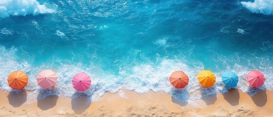 Fototapeta premium Vibrant pixel art beachscape featuring playful umbrellas, sun-soaked sands, inviting waves, nostalgic retro charm, lively summer vibes