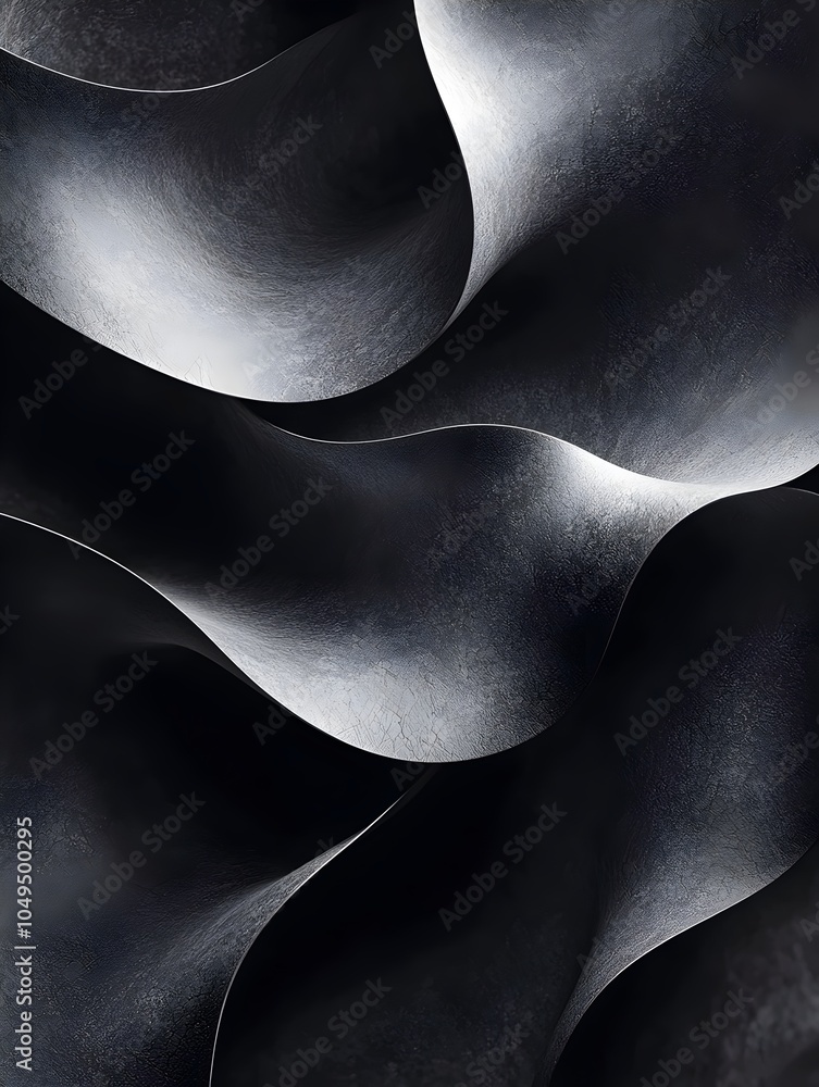 Poster abstract close-up of wavy metallic textures in shades of black and silver, creating a dynamic and el