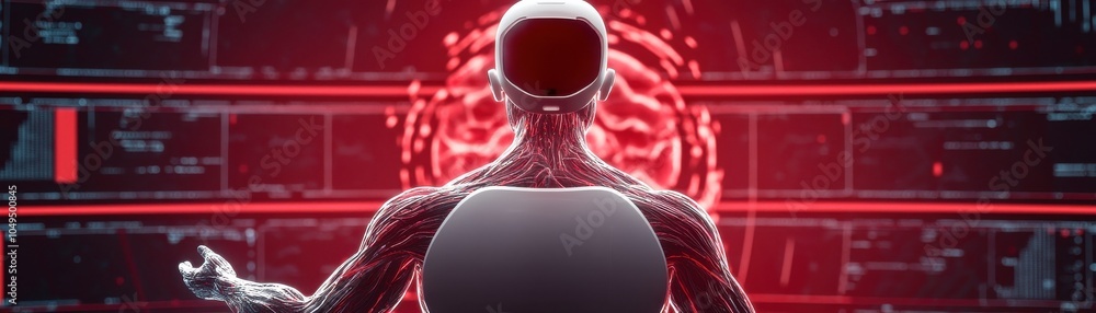 Poster a futuristic humanoid figure interacts with a digital interface, surrounded by red light patterns, s
