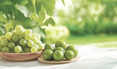 Green grapes and plums on a white table with a blurred background of green leaves.
