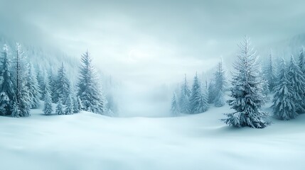 Fototapeta premium A serene winter landscape embracing the tranquility of snow-covered pines under a soft misty sky