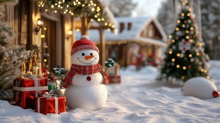 snowman and gifts flat design front view North Pole theme 3D render 