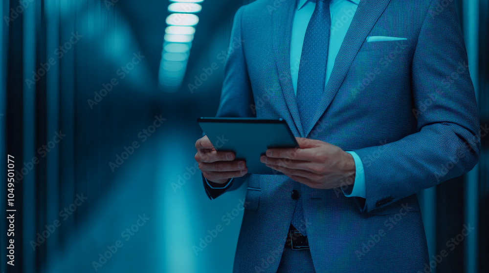 Poster tech ceo in data center: a confident businessman in a sleek suit, navigating through a data center w