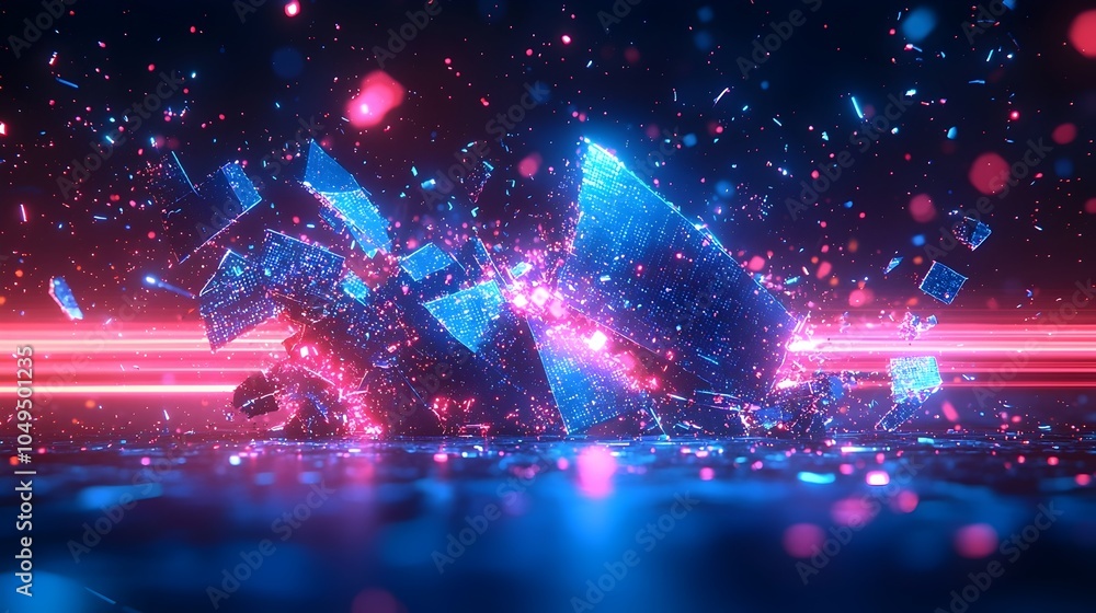 Poster a dynamic explosion of colorful, fragmented shapes illuminated by vibrant blue and pink lights, set 