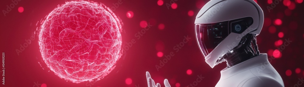 Poster a futuristic robot interacts with a glowing red sphere, symbolizing advanced technology and artifici