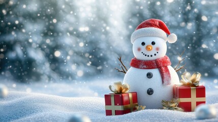 Fototapeta premium snowman and gifts flat design front view North Pole theme 3D render 