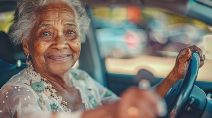 A woman smiles while driving a car. AI.