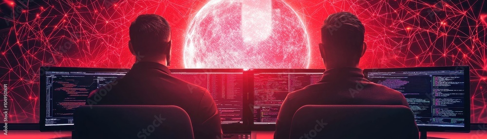 Poster two individuals analyze data on multiple monitors, illuminated by a pulsating red background, depict
