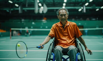 Naklejka premium A man in a wheelchair plays badminton on a court. AI.