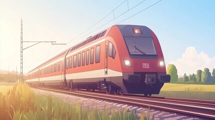 Fototapeta premium Modern Passenger Train on Railway Tracks in Scenic Landscape