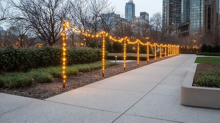 Obraz premium Twinkling lights adorn serene pathway in urban park creating a magical evening atmosphere for strollers and visitors