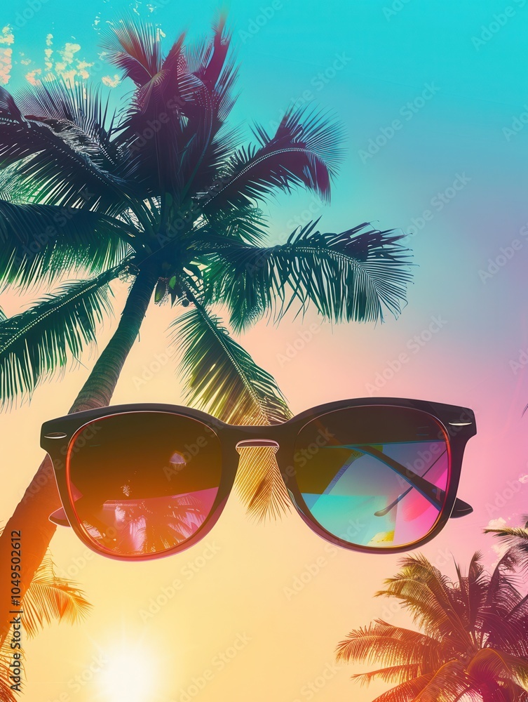 Aufkleber silhouetted sunglasses rest against a colorful sunset backdrop featuring palm trees, evoking a tranq