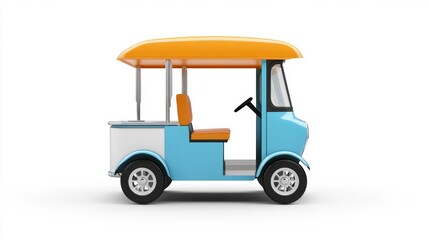 Blue and Orange Food Truck Side View Isolated on White Background