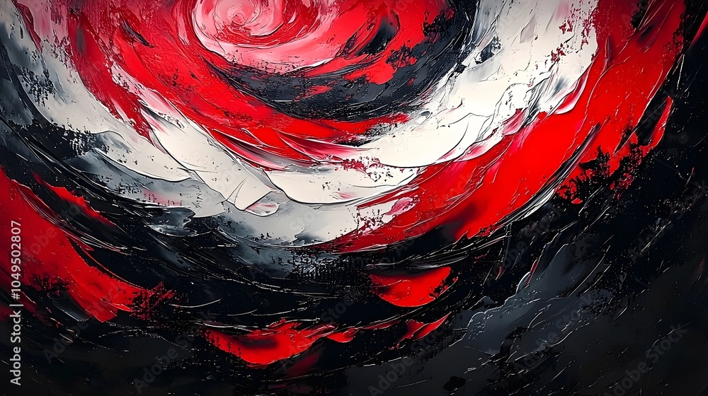 Poster an abstract painting featuring bold swirls of red, white, and black, creating a dynamic and energeti
