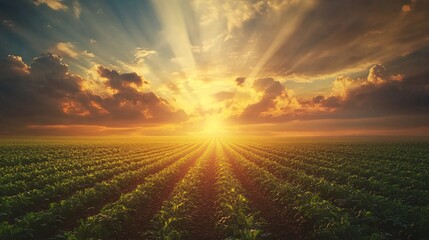 2410 113.A serene agricultural scene with rows of neatly planted crops in a vibrant green field, framed by the dramatic colors of a sunrise, with rays of sunlight breaking through the clouds and