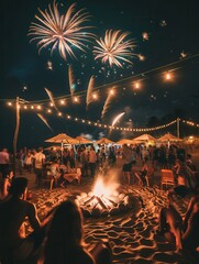 Guests enjoy a lively beach party with dancing around a bonfire while colorful fireworks illuminate the dark sky above. Generative AI
