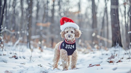 Playful Pet Wearing Santa Hat and "2024" Sweater frolicking in Winter Wonderland - Joyful Festive Stock Image