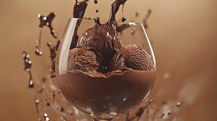 A cold chocolate milkshake with ice cream scoops and chocolate syrup, served in a glass
