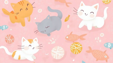 Playful Pink Cats: Adorable kittens frolic amidst yarn balls and fish on a charming pink background. A delightful illustration perfect for children's products, stationery, or home decor. 
