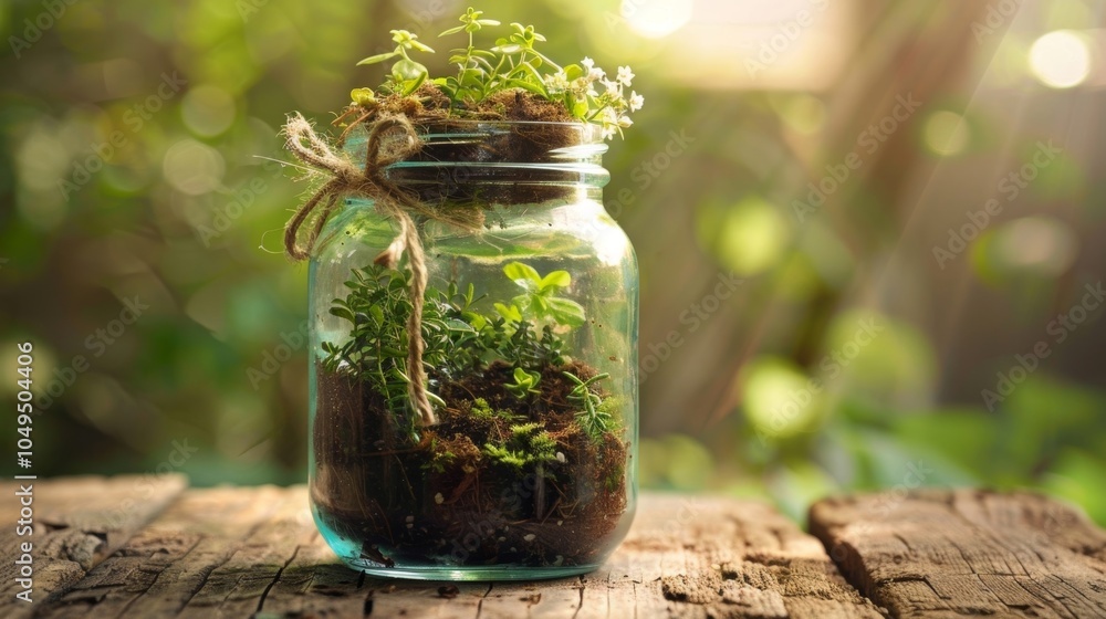 Poster a rustic terrarium design using a repurposed mason jar filled with layers of soil and small plants c