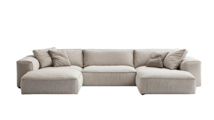 Modern beige sofa with soft cushions on a white isolated background. Transparent Background
