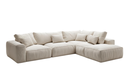 Stylish and comfortable beige sectional sofa with plush cushions, perfect for modern living spaces. Transparent Background