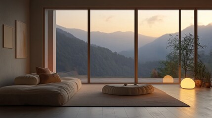 Fototapeta premium A cozy minimalist living room with soft lighting, neutral tones, and big open windows