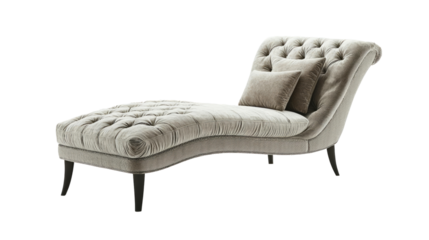 Elegant chaise lounge with tufted upholstery and plush cushions on a white isolated background. Transparent Background