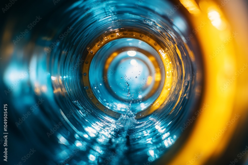 Poster an abstract artistic depiction showcasing swirling liquid dynamics within a large circular tunnel st