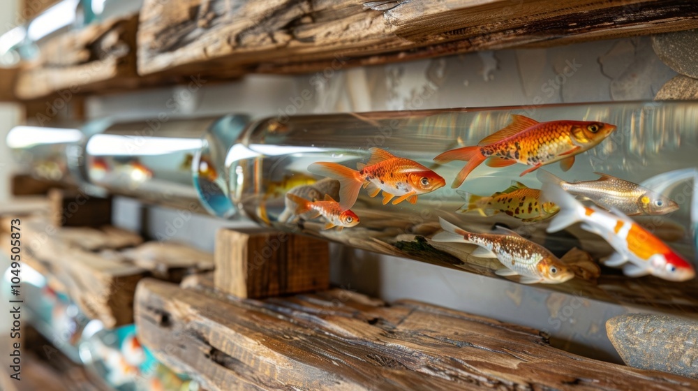 Poster a rustic wooden shelf featuring floating glass tubes filled with vibrant shoals of fish creating a m