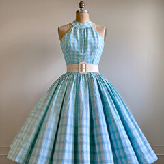 Vintage Gingham Dress with Halter Neck, Full Circle Skirt, and Wide Waist Belt