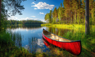 A red canoe rests peacefully on the shore of a lake surrounded by trees. AI.